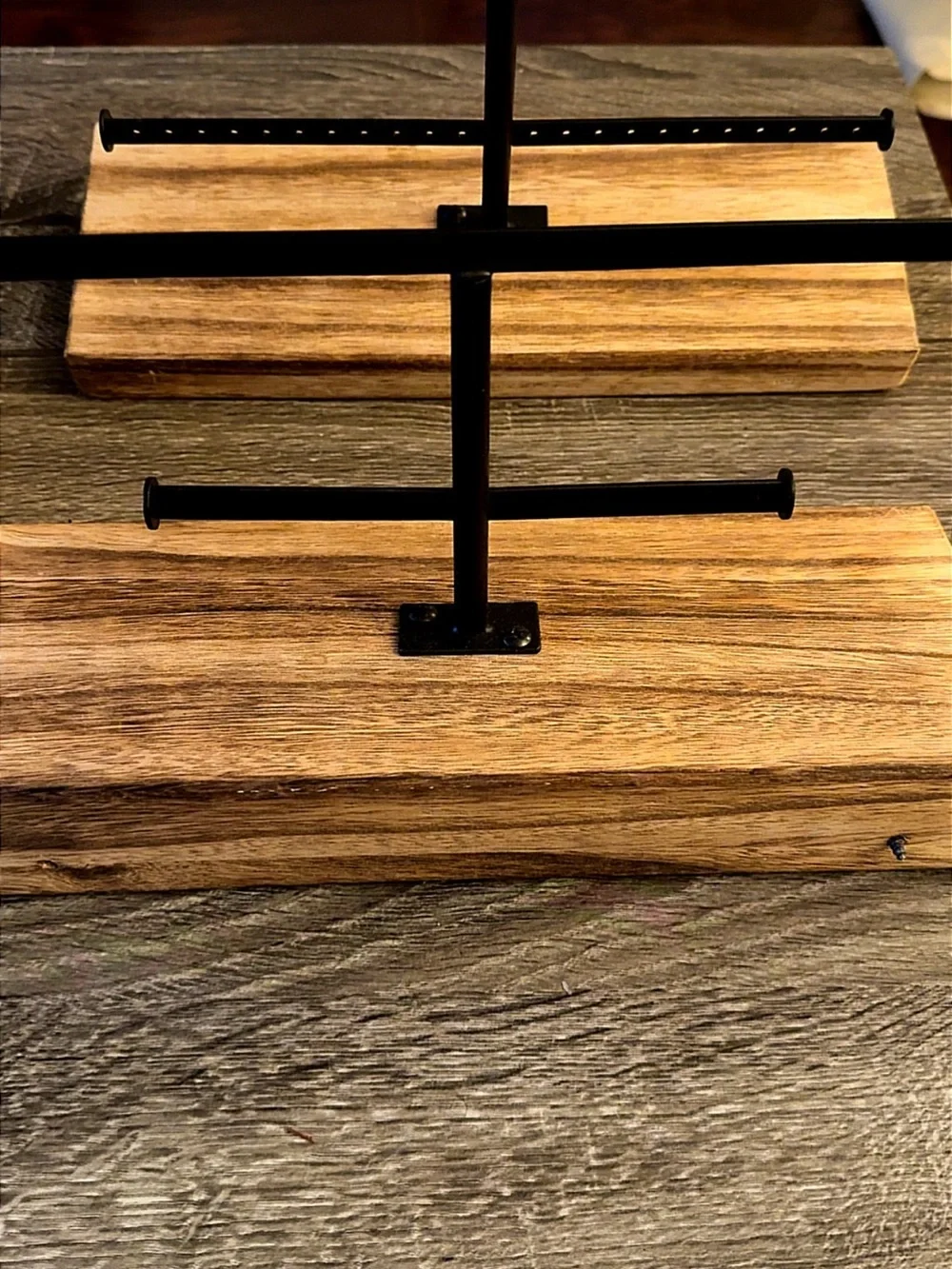 Industrial Double-Bar Jewelry Rack on Natural Wood Mount